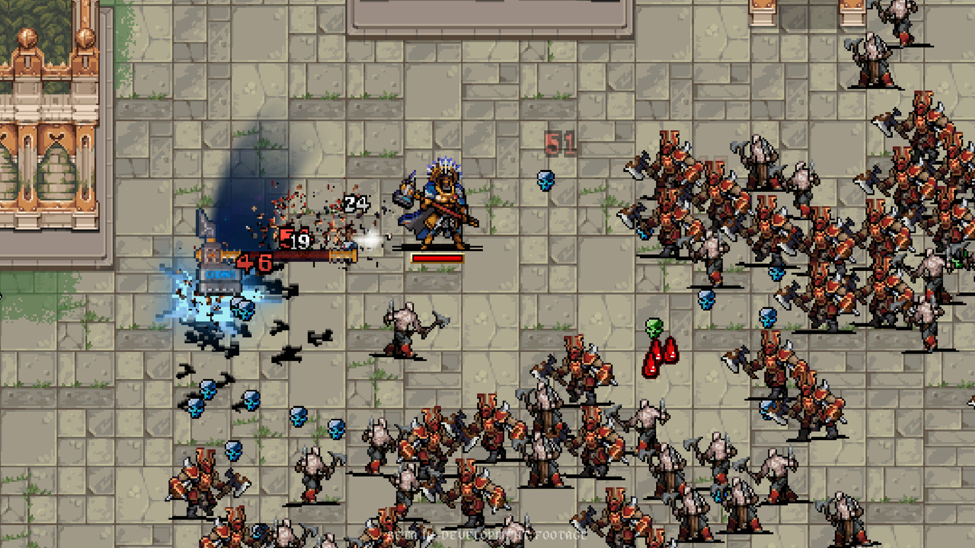 Warhammer Survivors pixel-art screenshot: a champion surrounded by red-armored enemies in a stone courtyard.
