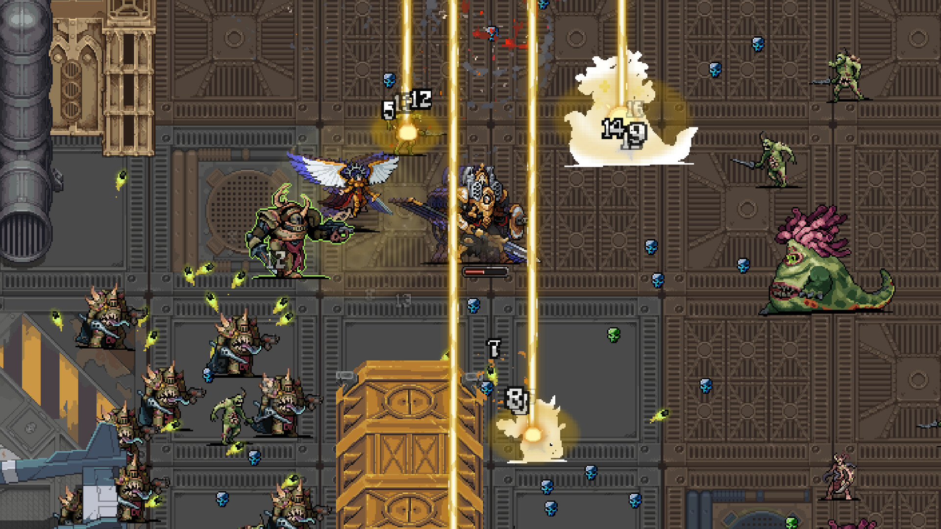 Warhammer Survivors pixel-art screenshot: golden beams striking enemies on a metal deck.