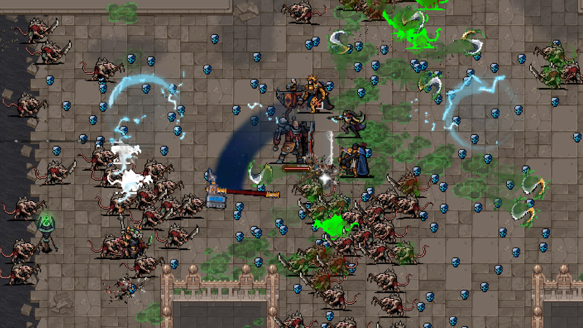 Warhammer Survivors pixel-art screenshot: blue arc attacks clearing enemies on a cobbled street.